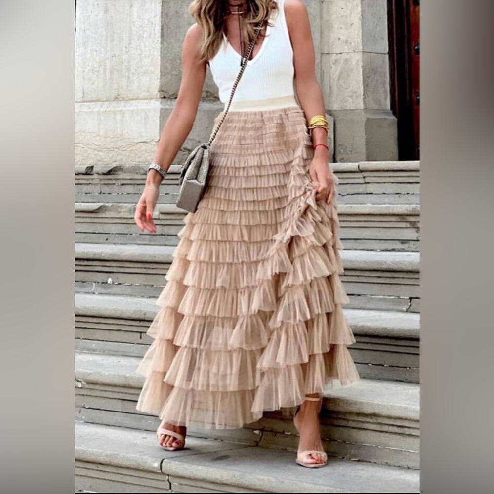 Elegant Tan Ruffled Skirt